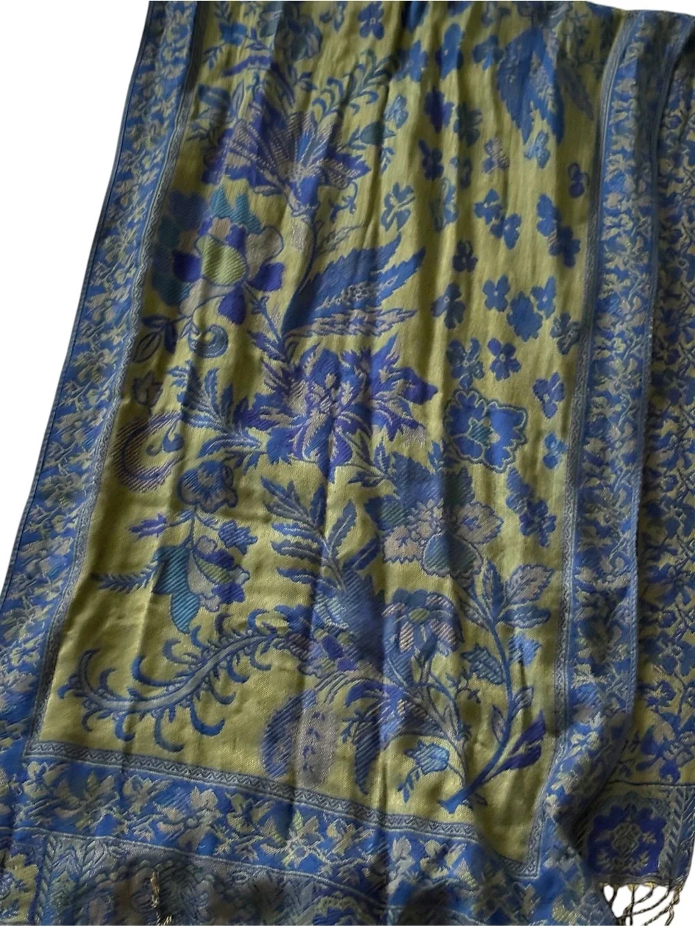 Blue Green Shawl Wrap Scarf Fringe Paisley Jacquard Pashmina Hijab